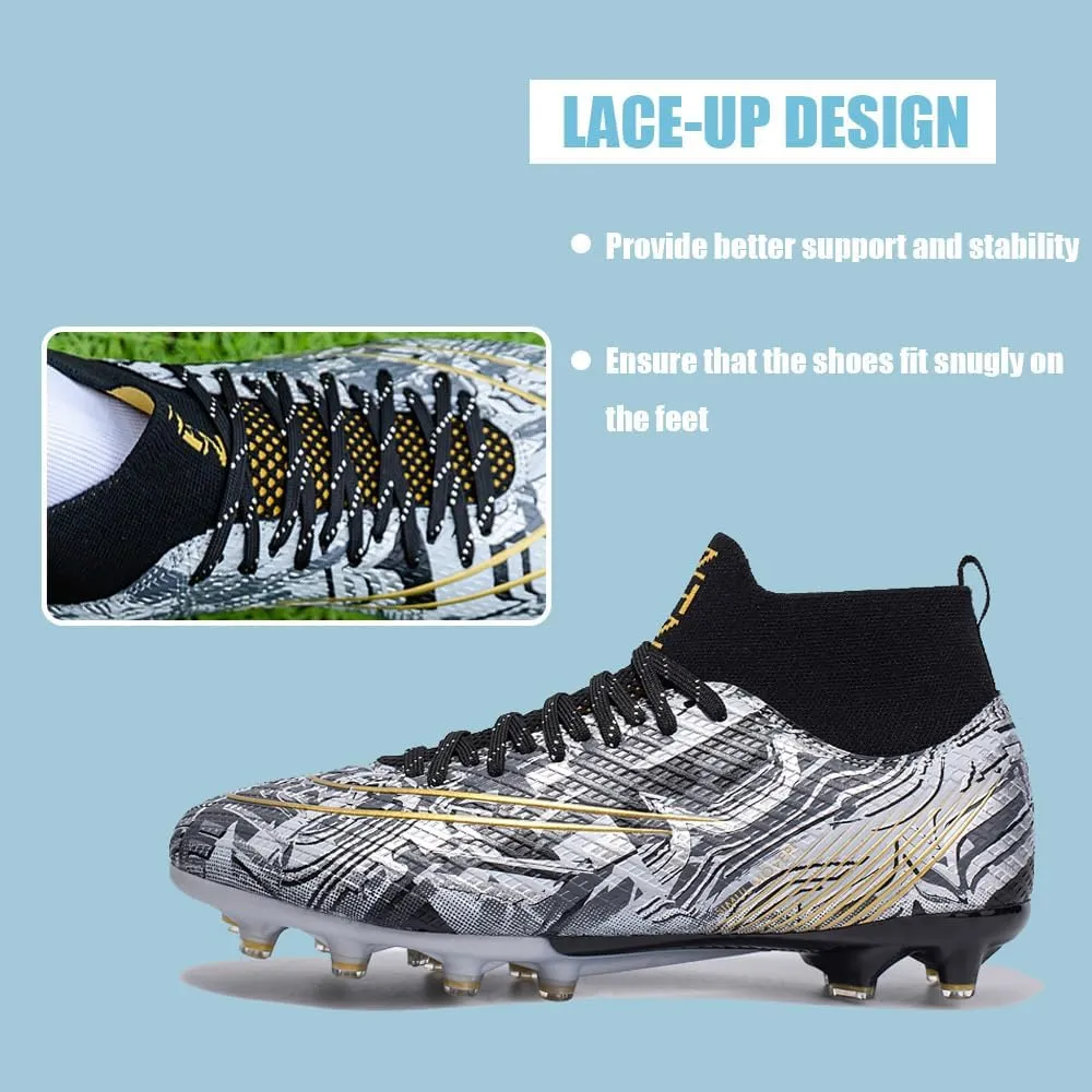 Comfortable Futsal Cleats for Men Turf - High Top Soccer Spikes Shoes for Outdoor - Youth Non Slip Football Boots