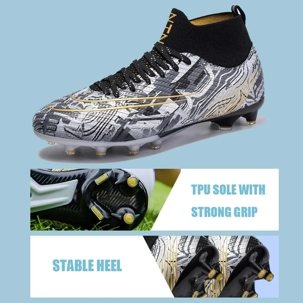 Comfortable Futsal Cleats for Men Turf - High Top Soccer Spikes Shoes for Outdoor - Youth Non Slip Football Boots