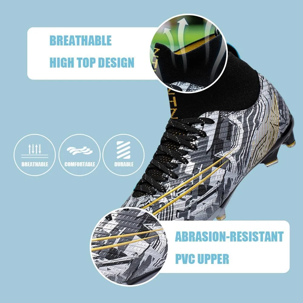 Comfortable Futsal Cleats for Men Turf - High Top Soccer Spikes Shoes for Outdoor - Youth Non Slip Football Boots