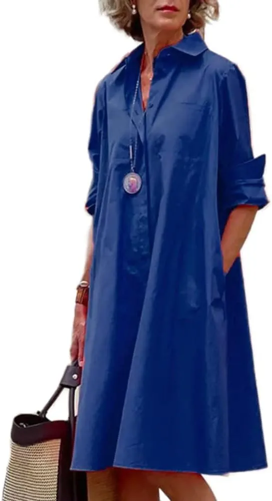 Costaric Women's Long Sleeve Button Down Shirt Dress Cotton Linen V Neck Loose Fit Casual Shirt Dresses with Pockets