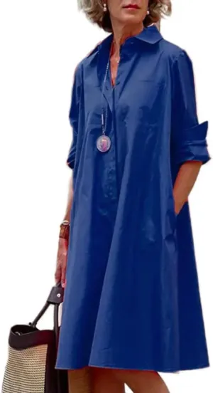 Costaric Women's Long Sleeve Button Down Shirt Dress Cotton Linen V Neck Loose Fit Casual Shirt Dresses with Pockets