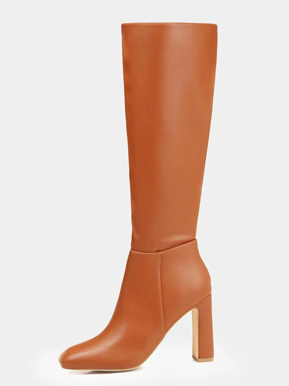 Coutgo Women's Chunky Heeled Knee High Boots Classic Leather Square Toe Zippered Tall Boot