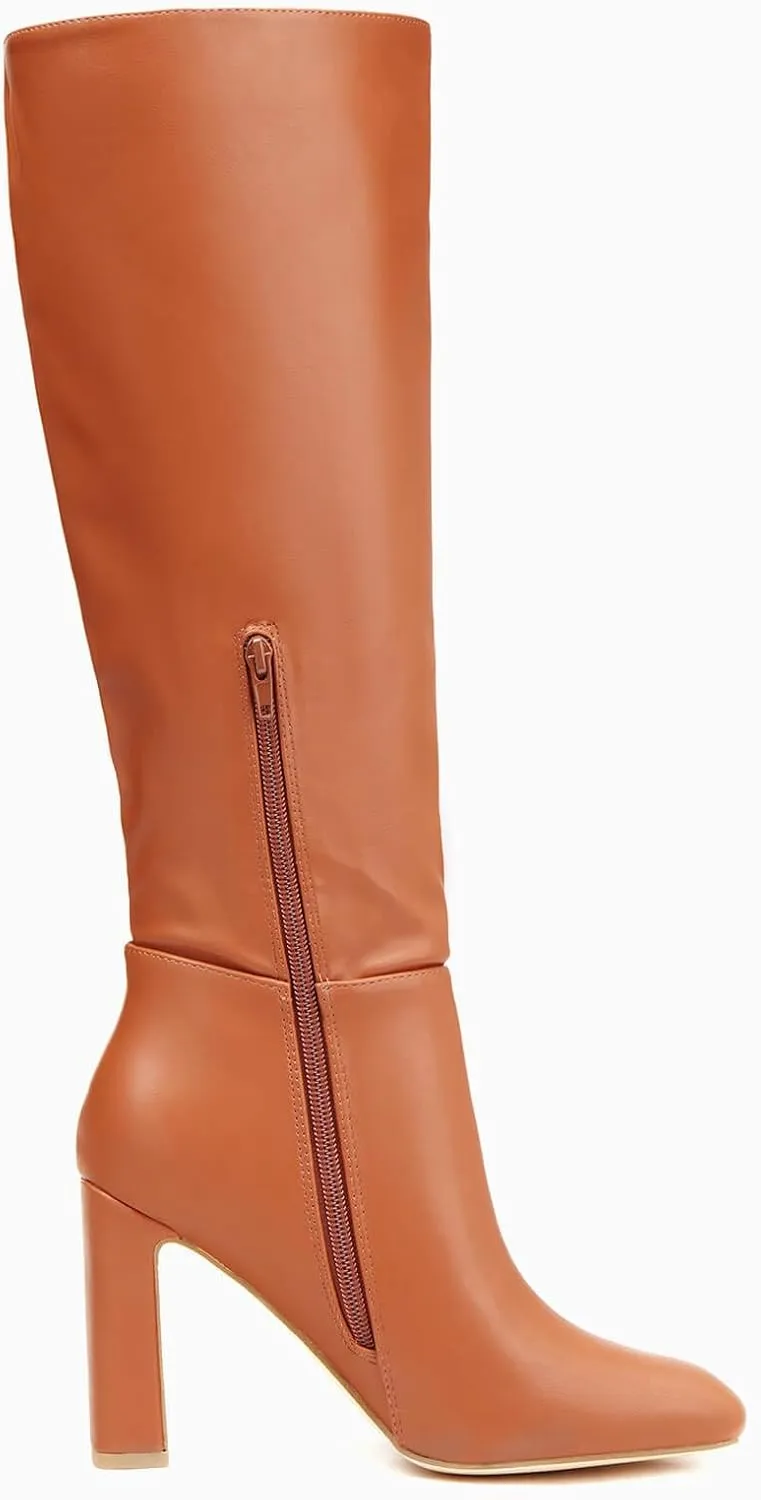 Coutgo Women's Chunky Heeled Knee High Boots Classic Leather Square Toe Zippered Tall Boot