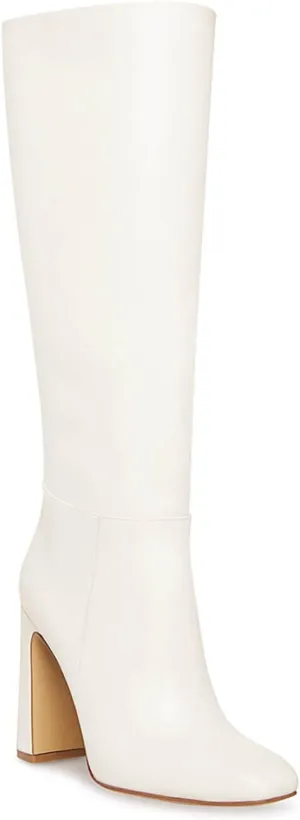 Coutgo Women's Chunky Heeled Knee High Boots Classic Leather Square Toe Zippered Tall Boot
