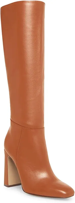 Coutgo Women's Chunky Heeled Knee High Boots Classic Leather Square Toe Zippered Tall Boot