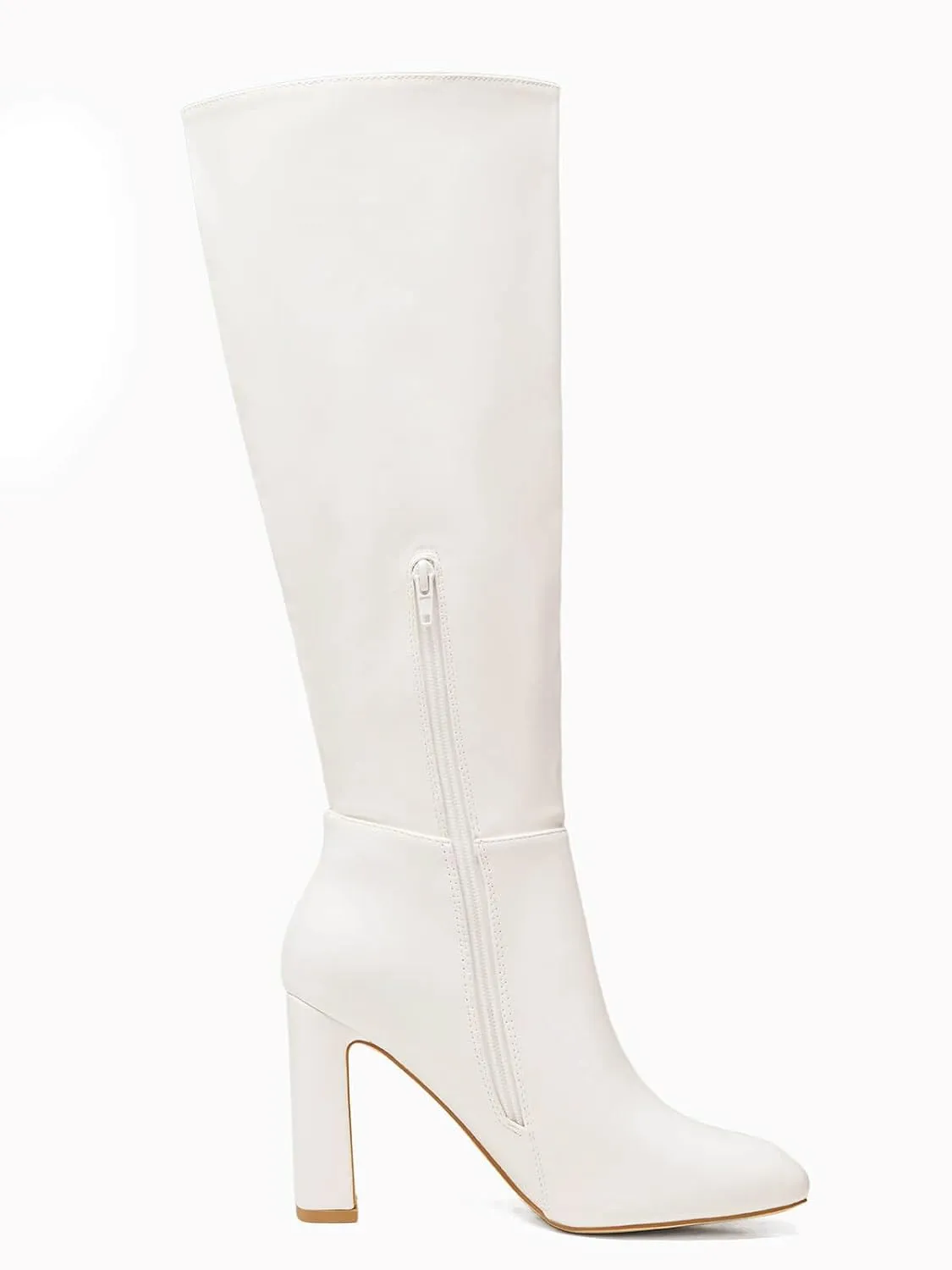 Coutgo Women's Chunky Heeled Knee High Boots Classic Leather Square Toe Zippered Tall Boot