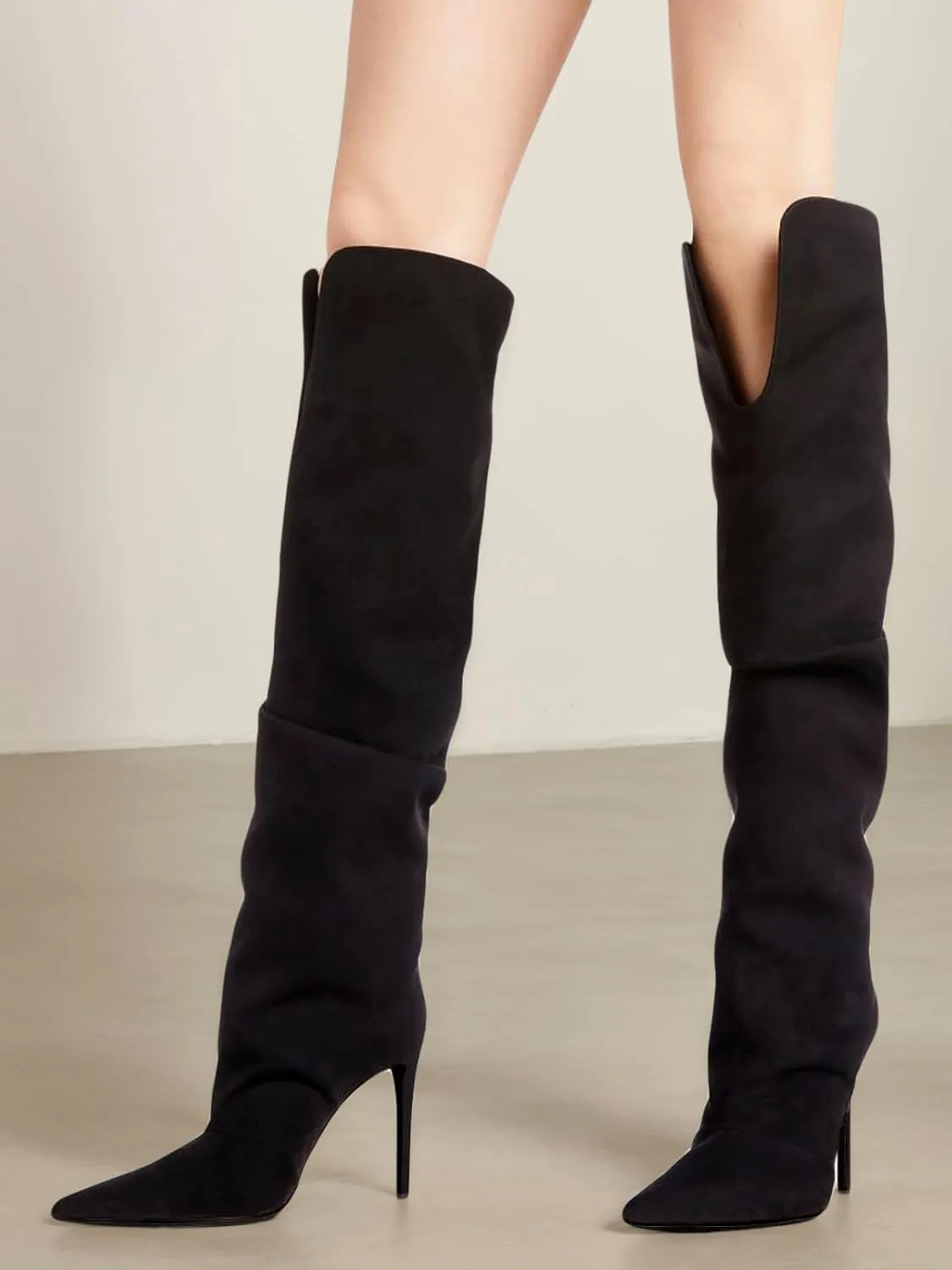 Coutgo Womens Slouchy Knee High Boots High Heel Pointed Toe Sexy Stiletto Pull on Tall Boots Winter Shoes