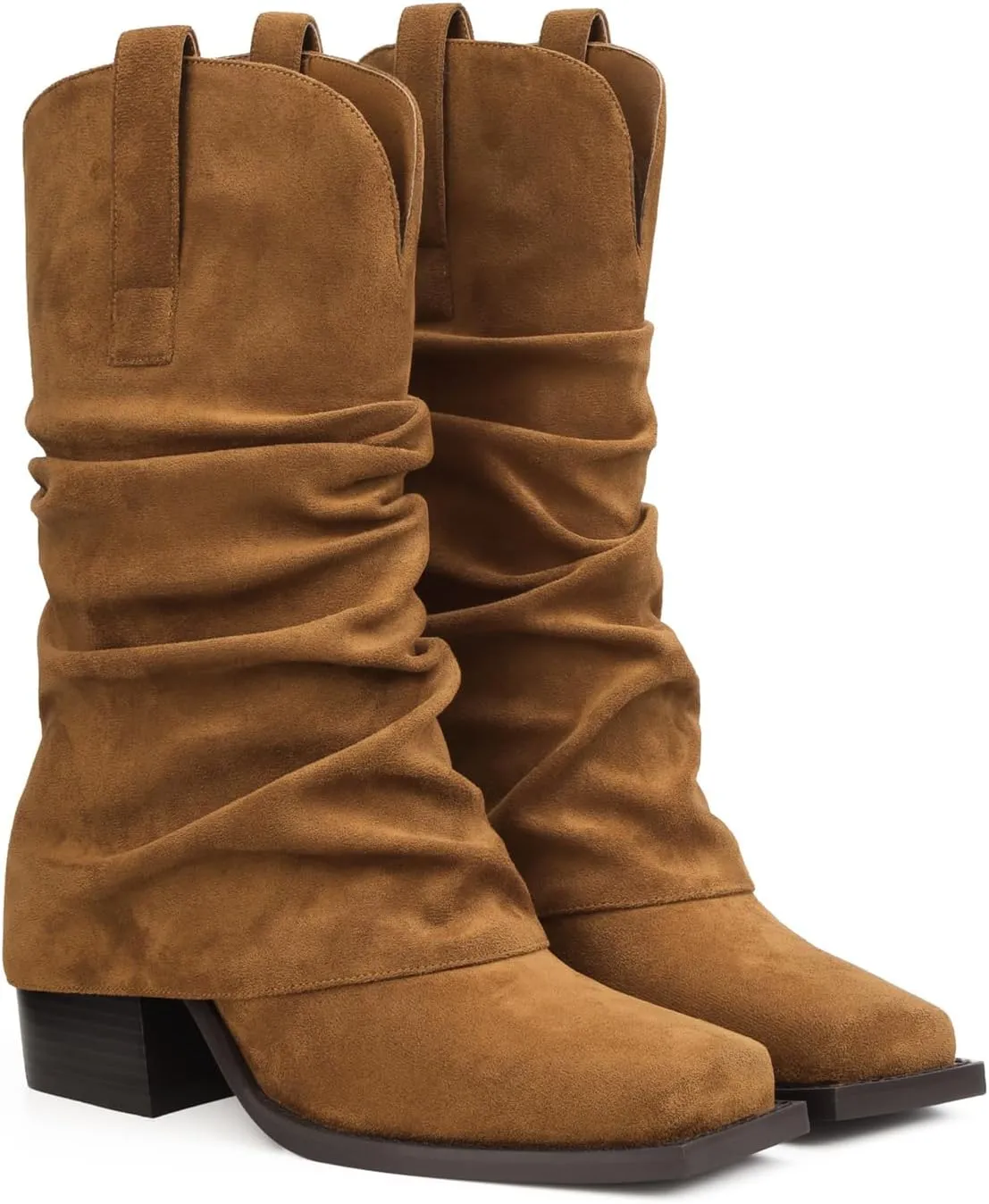 Cowboy Boots for Women Cowgirl Boots Mid Calf Square Toe Fold Over Chunky Heel Slouchy Suede Boots