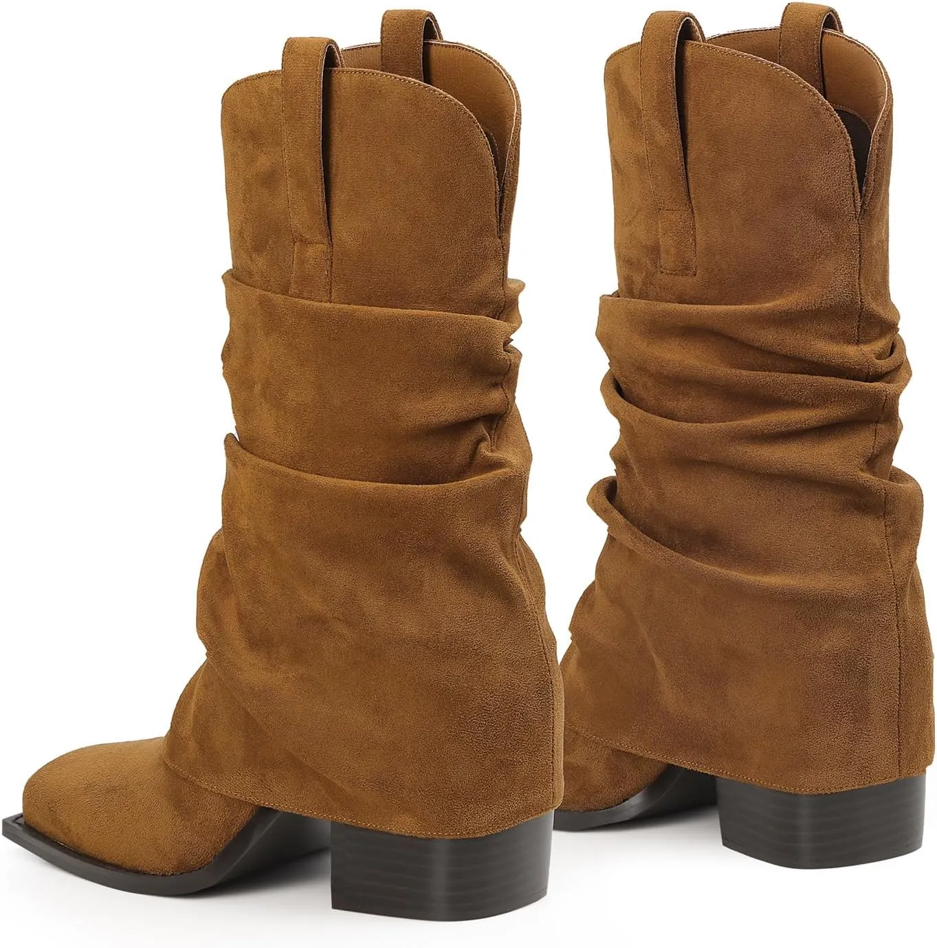 Cowboy Boots for Women Cowgirl Boots Mid Calf Square Toe Fold Over Chunky Heel Slouchy Suede Boots