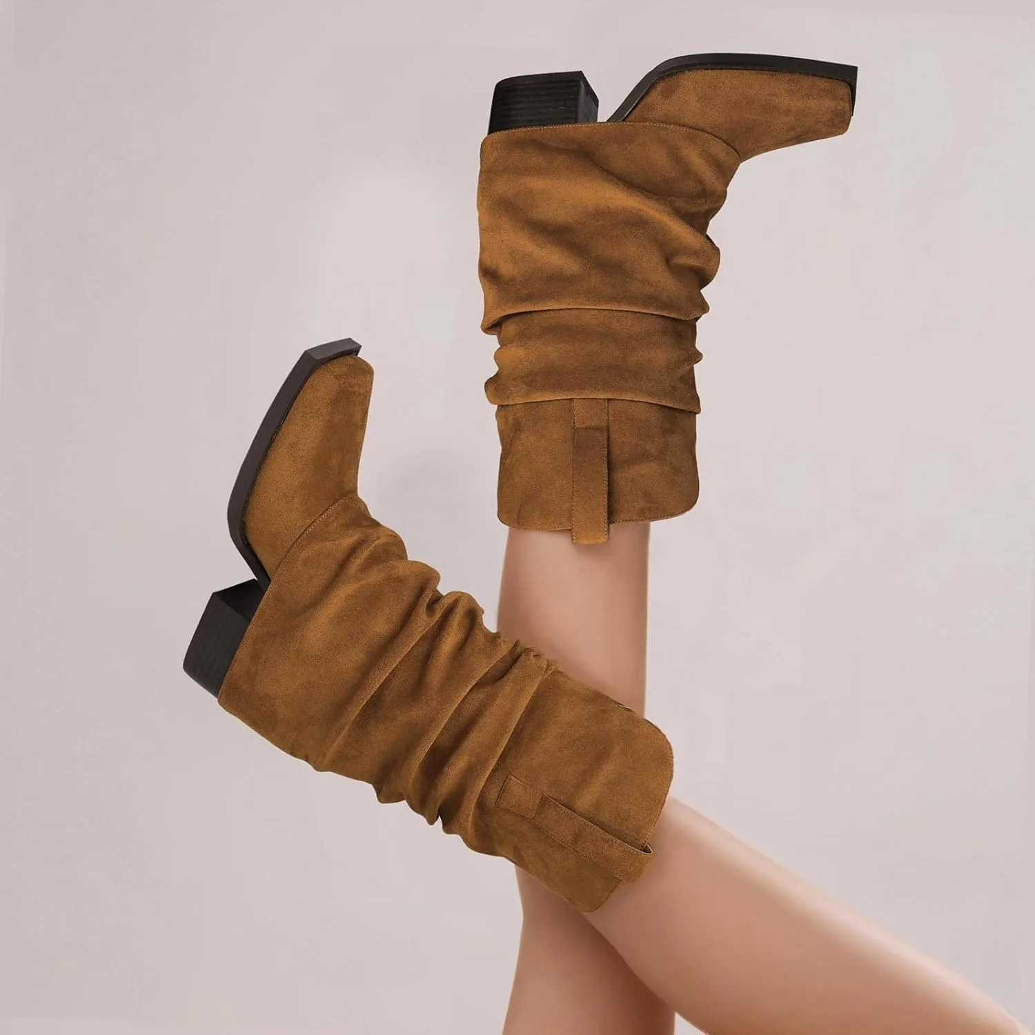 Cowboy Boots for Women Cowgirl Boots Mid Calf Square Toe Fold Over Chunky Heel Slouchy Suede Boots