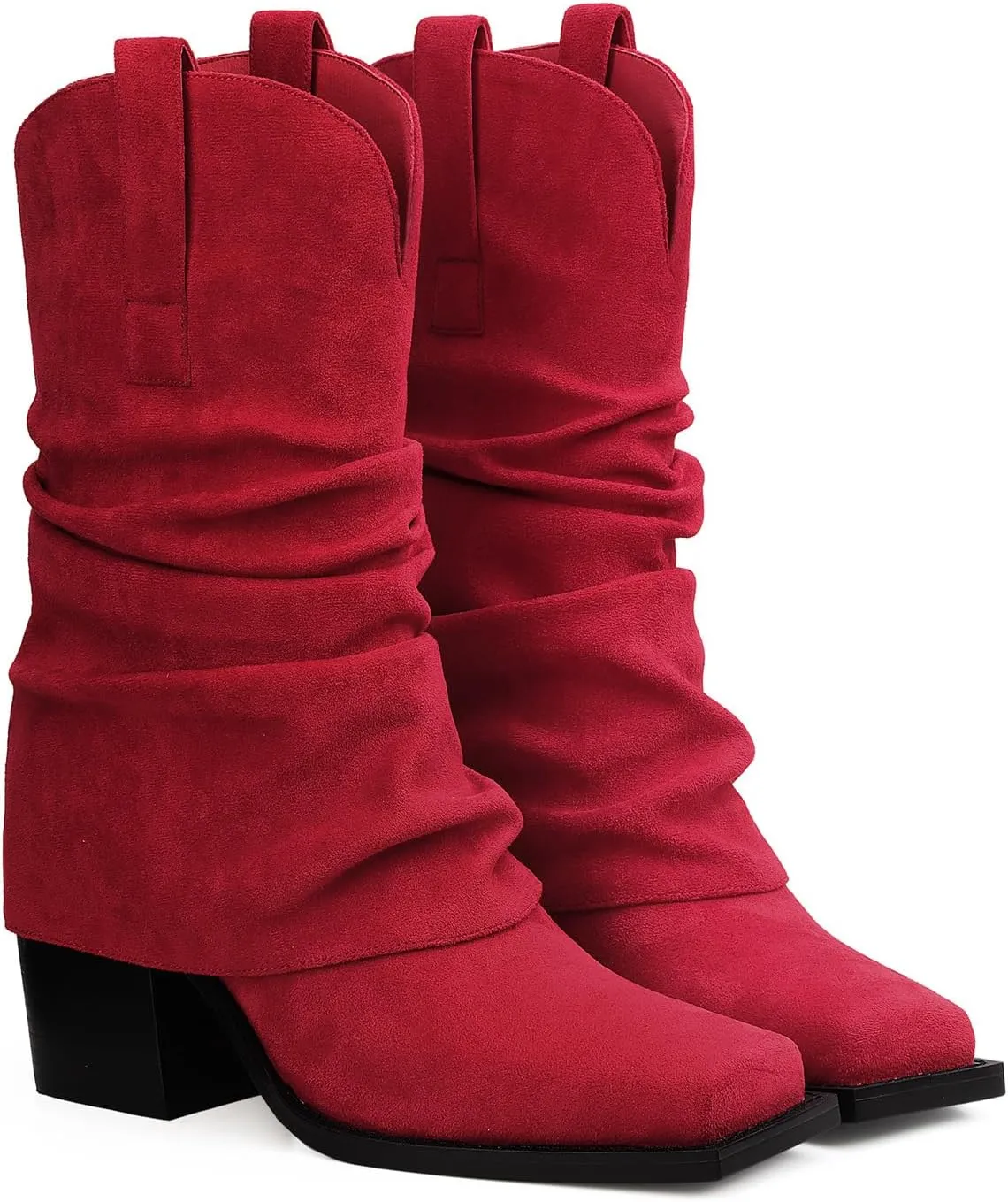 Cowboy Boots for Women Cowgirl Boots Mid Calf Square Toe Fold Over Chunky Heel Slouchy Suede Boots