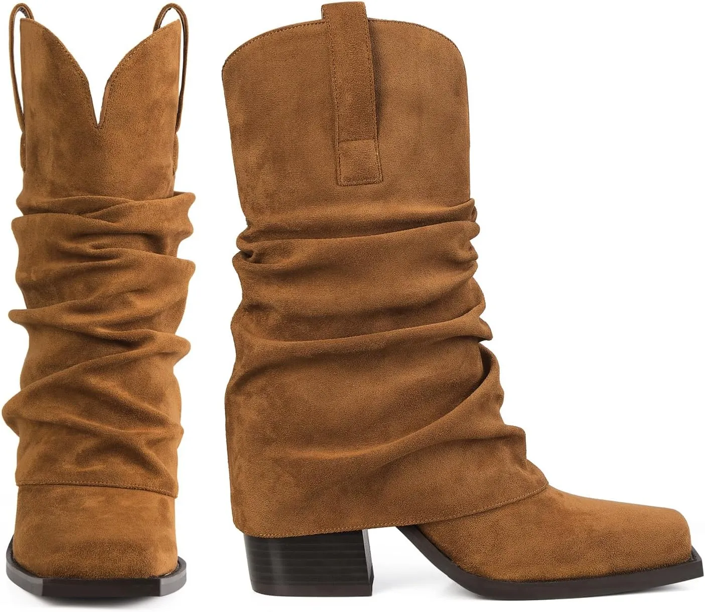 Cowboy Boots for Women Cowgirl Boots Mid Calf Square Toe Fold Over Chunky Heel Slouchy Suede Boots