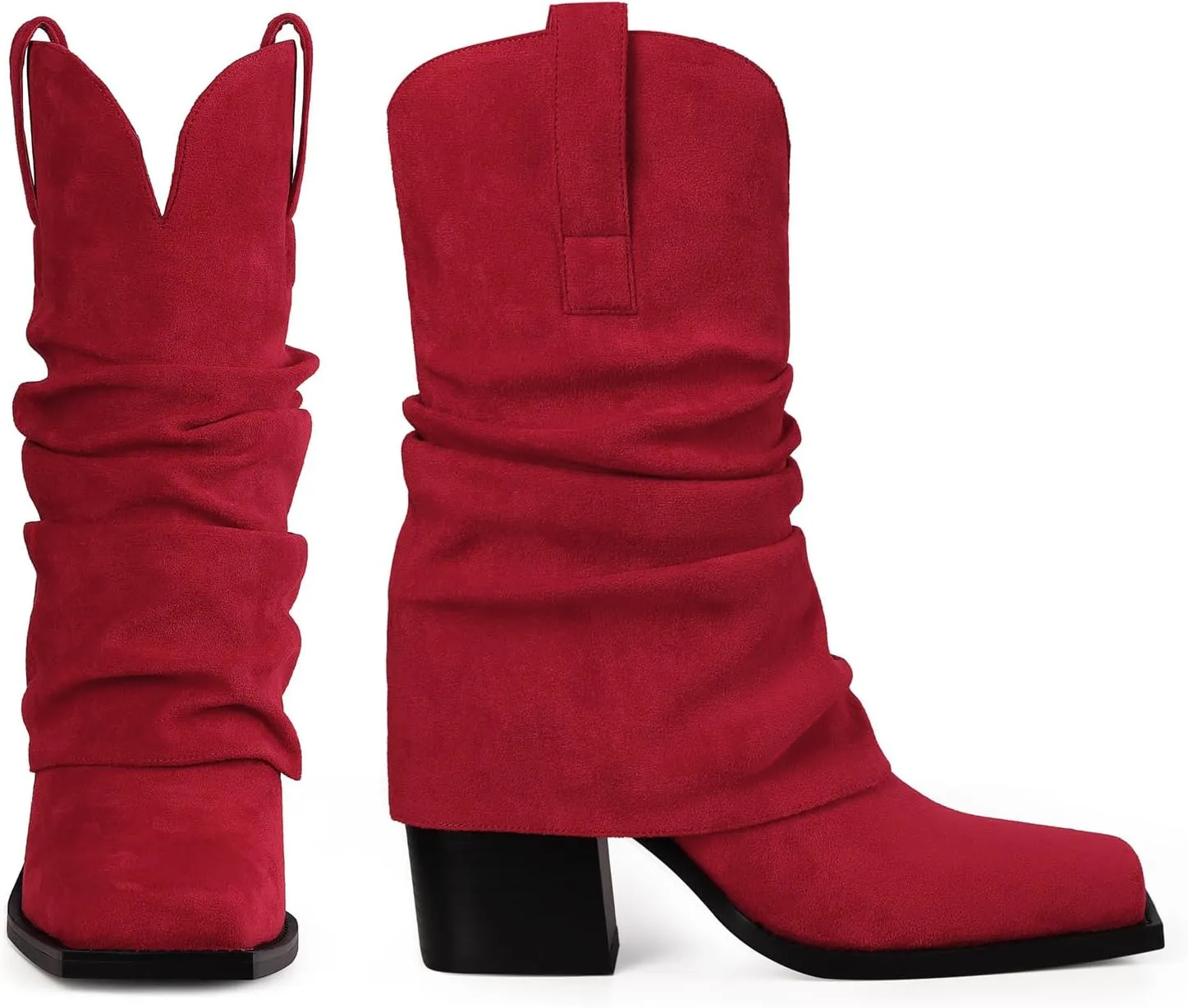 Cowboy Boots for Women Cowgirl Boots Mid Calf Square Toe Fold Over Chunky Heel Slouchy Suede Boots