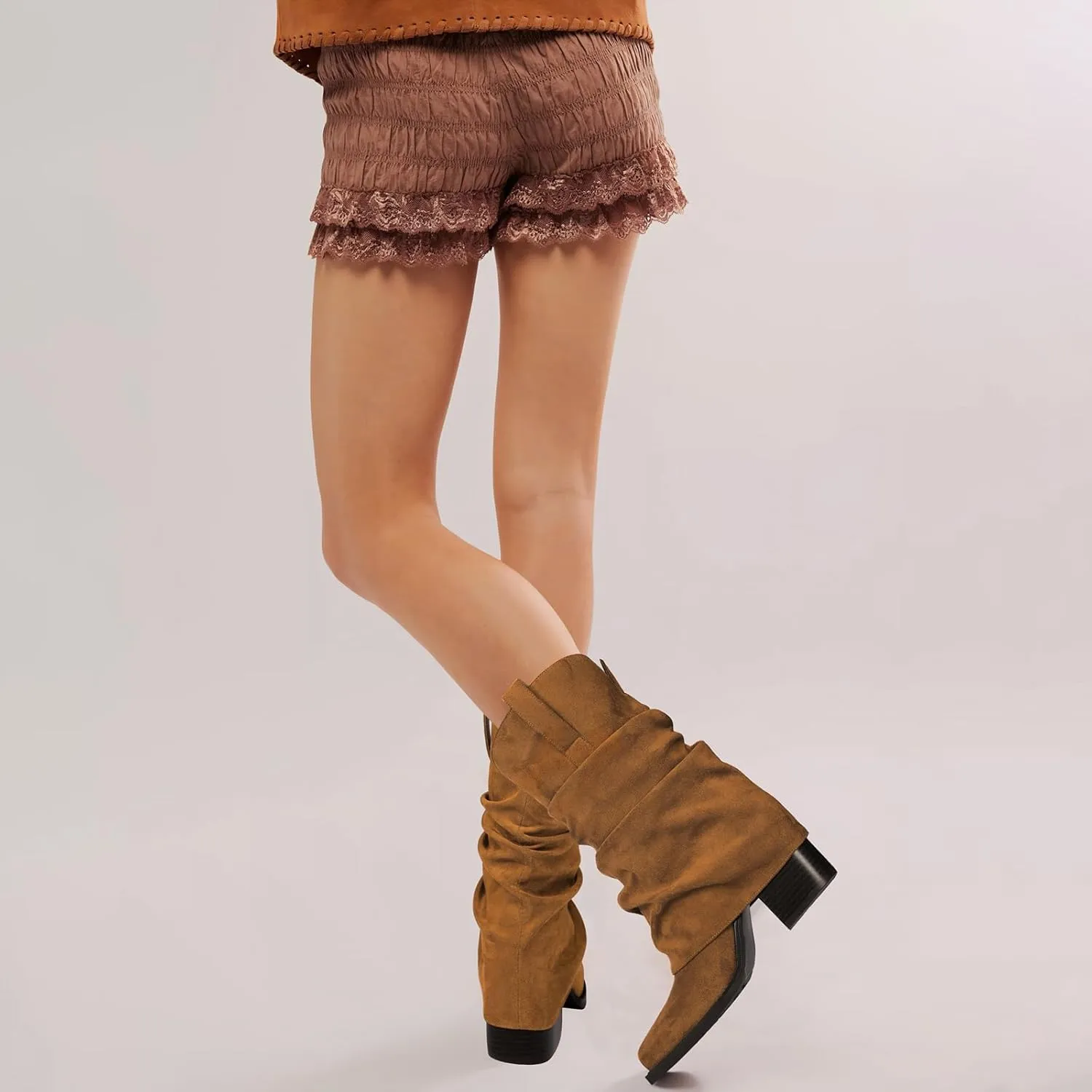Cowboy Boots for Women Cowgirl Boots Mid Calf Square Toe Fold Over Chunky Heel Slouchy Suede Boots
