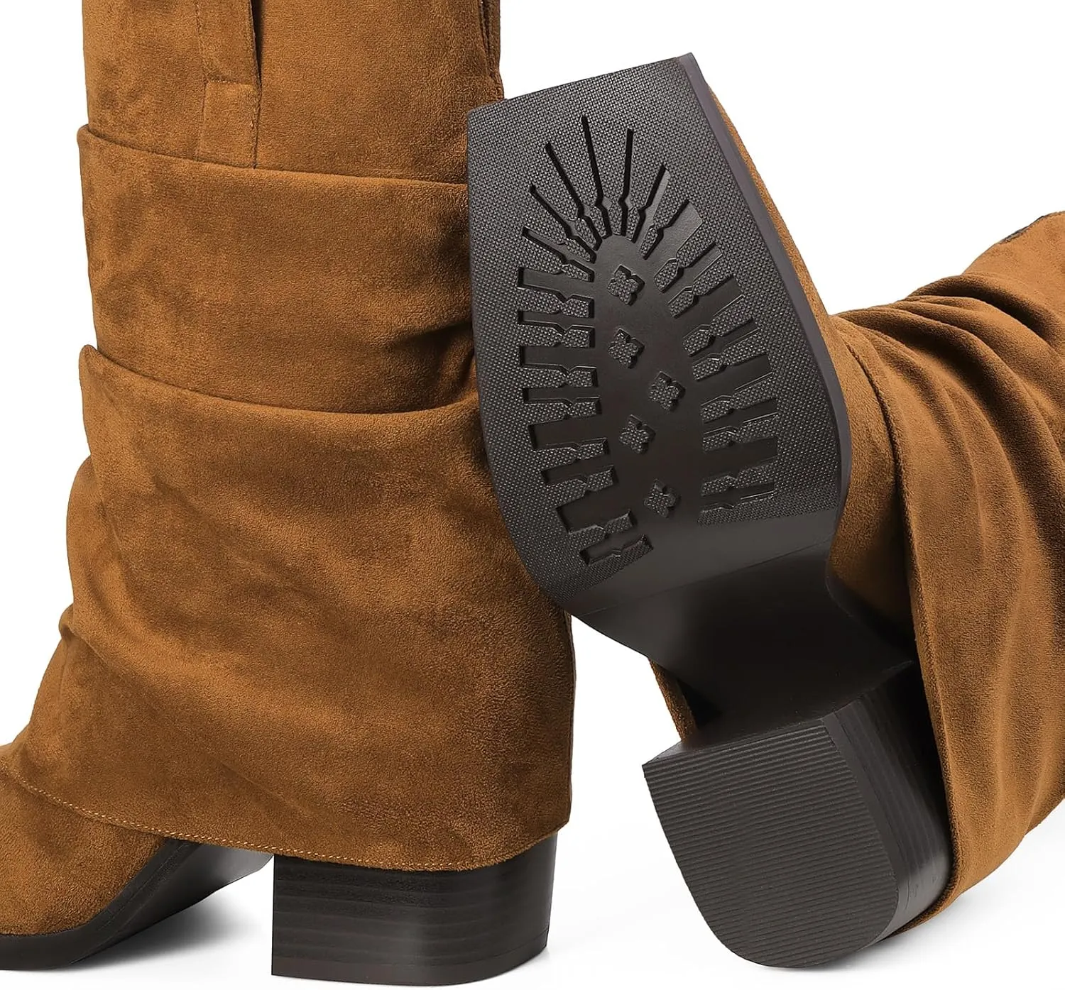 Cowboy Boots for Women Cowgirl Boots Mid Calf Square Toe Fold Over Chunky Heel Slouchy Suede Boots