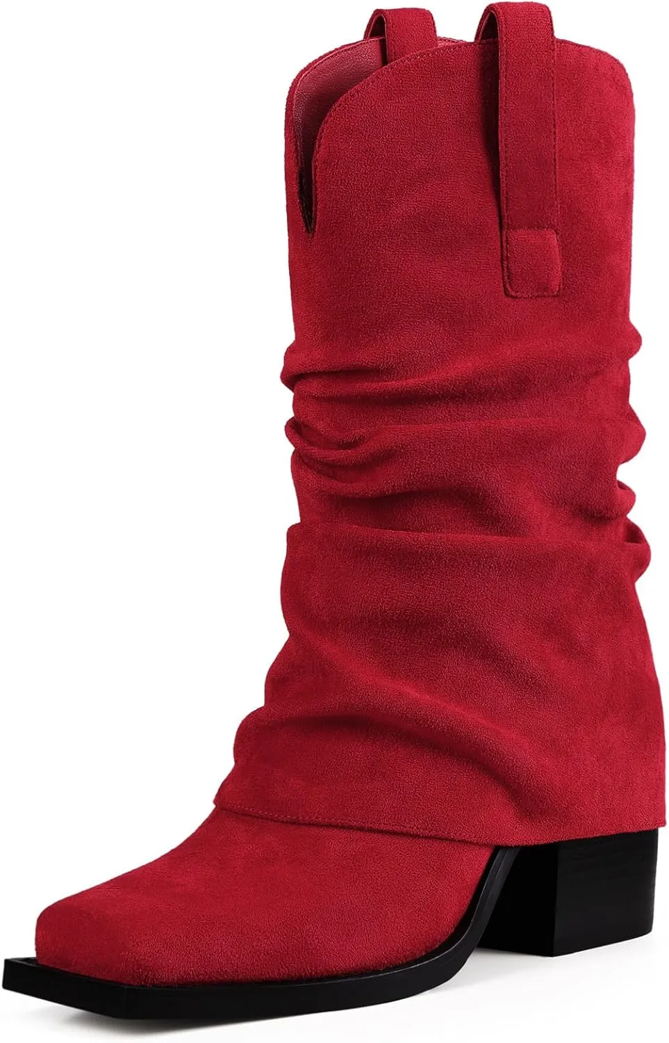 Cowboy Boots for Women Cowgirl Boots Mid Calf Square Toe Fold Over Chunky Heel Slouchy Suede Boots