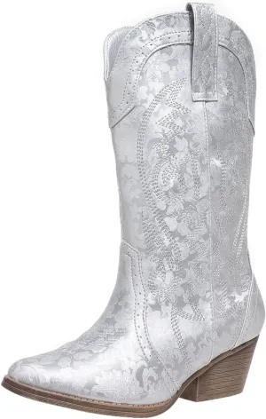 Cowboy Boots for Women Cowgirl Mid Calf Western Pointy Toe Boots Embroidered Stitched Chunky Heel Red Brown US5-11