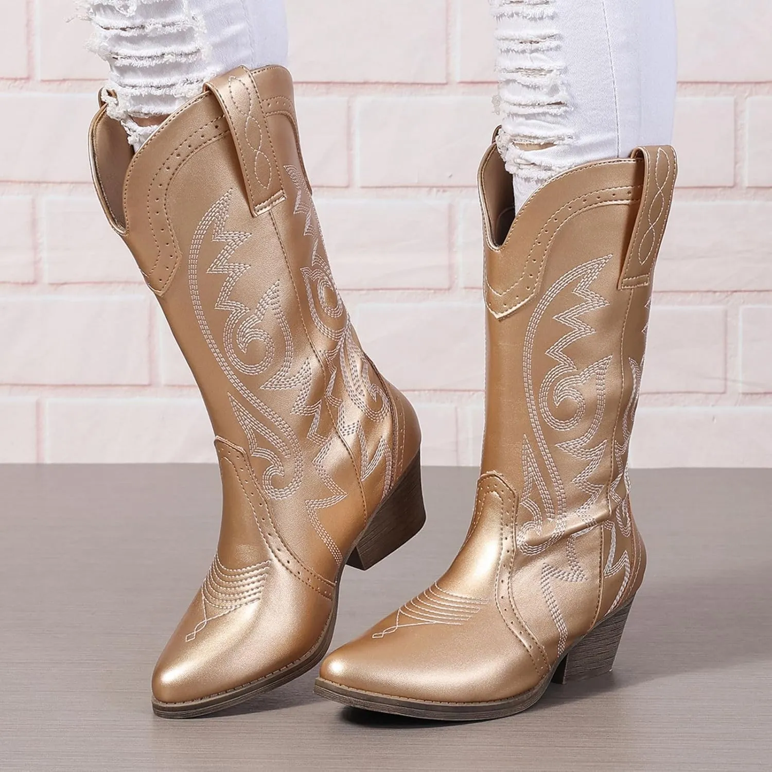 Cowboy Boots for Women Cowgirl Mid Calf Western Pointy Toe Boots Embroidered Stitched Chunky Heel Red Brown US5-11