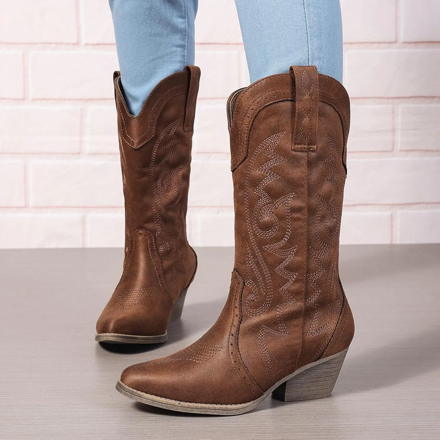 Cowboy Boots for Women Cowgirl Mid Calf Western Pointy Toe Boots Embroidered Stitched Chunky Heel Red Brown US5-11