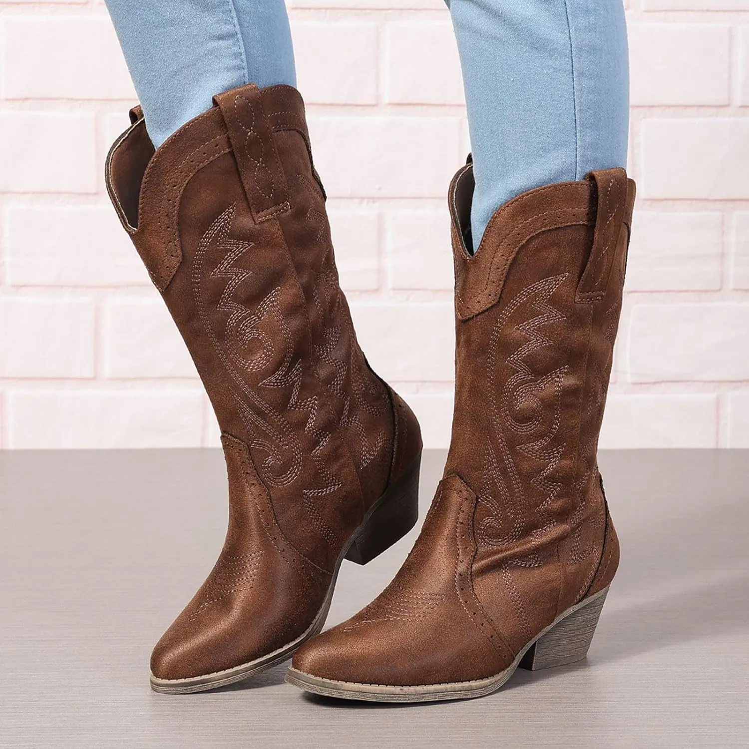 Cowboy Boots for Women Cowgirl Mid Calf Western Pointy Toe Boots Embroidered Stitched Chunky Heel Red Brown US5-11