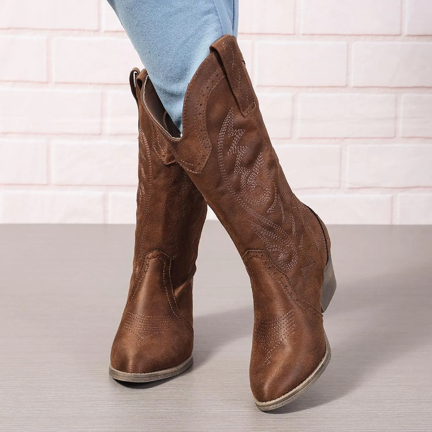 Cowboy Boots for Women Cowgirl Mid Calf Western Pointy Toe Boots Embroidered Stitched Chunky Heel Red Brown US5-11