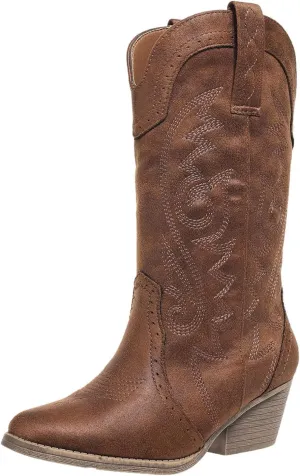 Cowboy Boots for Women Cowgirl Mid Calf Western Pointy Toe Boots Embroidered Stitched Chunky Heel Red Brown US5-11