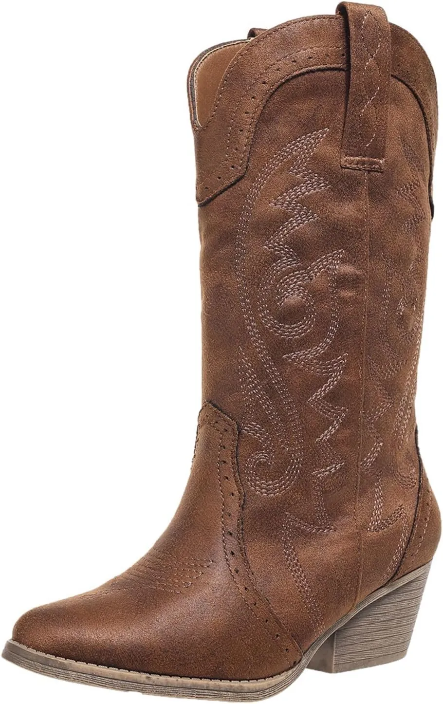 Cowboy Boots for Women Cowgirl Mid Calf Western Pointy Toe Boots Embroidered Stitched Chunky Heel Red Brown US5-11