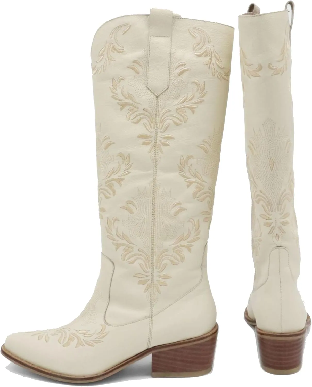 Cowboy Boots for Women,Western Pointed Toe Chunky Heel Pull-On Knee High Cowgirl Boots Fashion Embroidered Tall