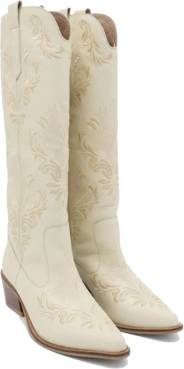 Cowboy Boots for Women,Western Pointed Toe Chunky Heel Pull-On Knee High Cowgirl Boots Fashion Embroidered Tall