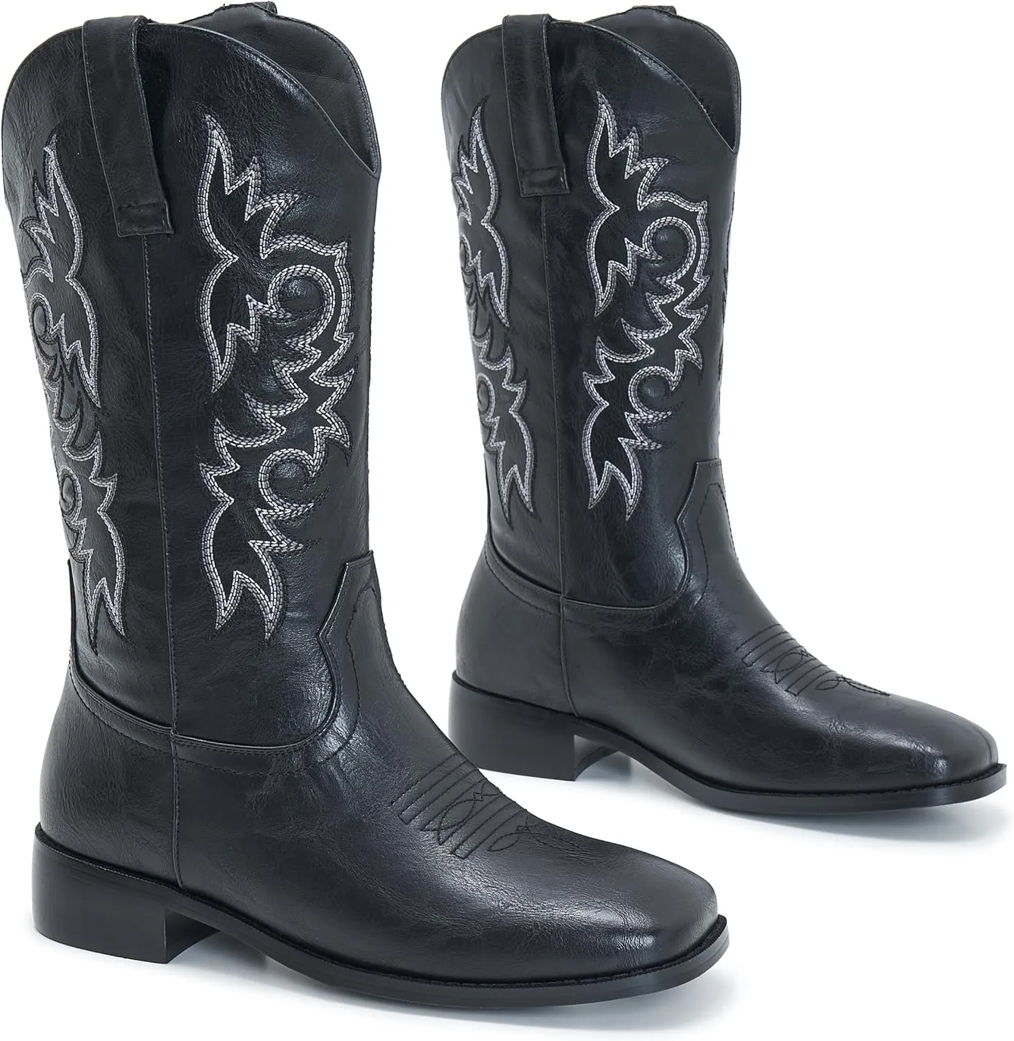 Cowgirl Boots Square Toe Cowboy Boots For Women Ladies Mid Calf Low Heel Flat