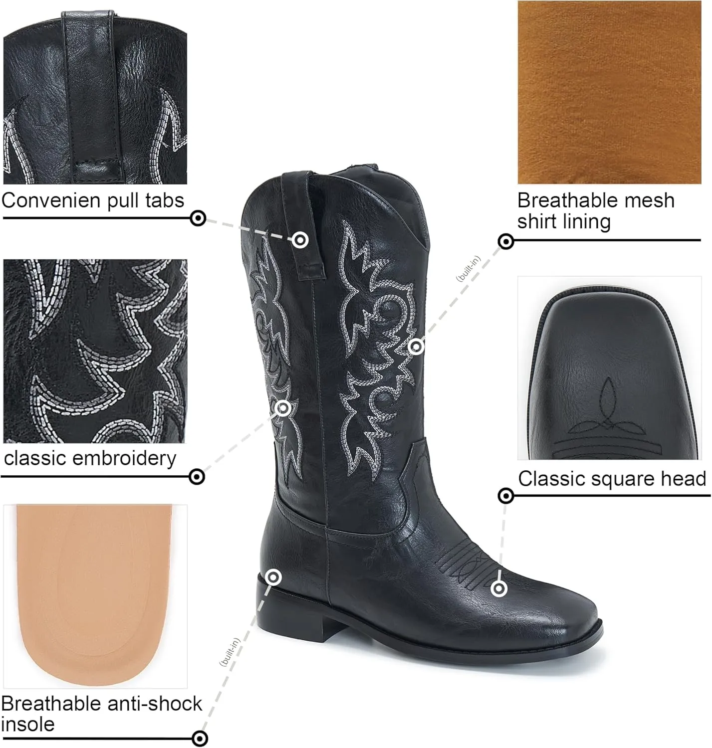 Cowgirl Boots Square Toe Cowboy Boots For Women Ladies Mid Calf Low Heel Flat