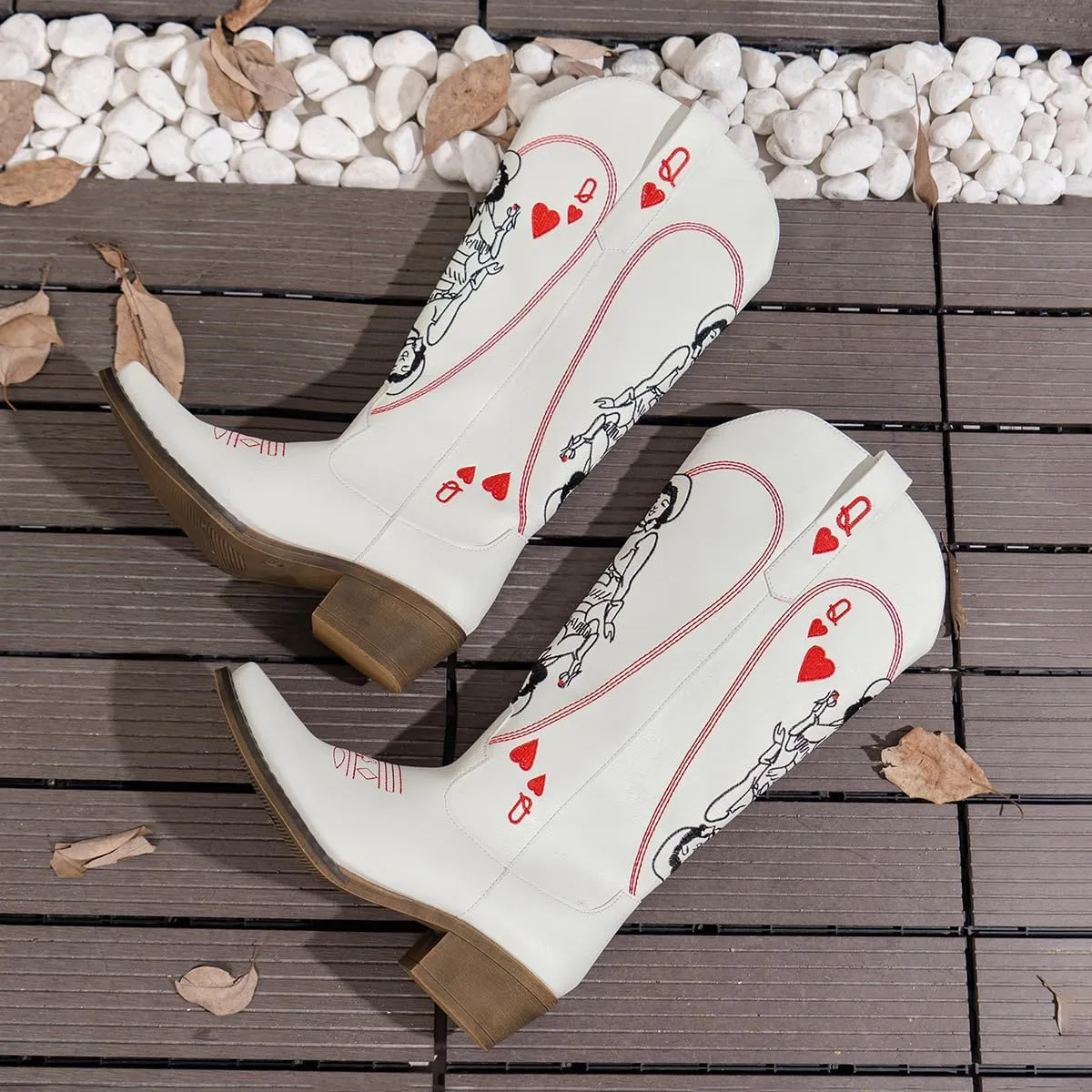 cowgirl boots Vintage Embroidered Riding Boots Western Cowboy Boots with Red Heart & Star Patterns Slip-On Embroidered Boot