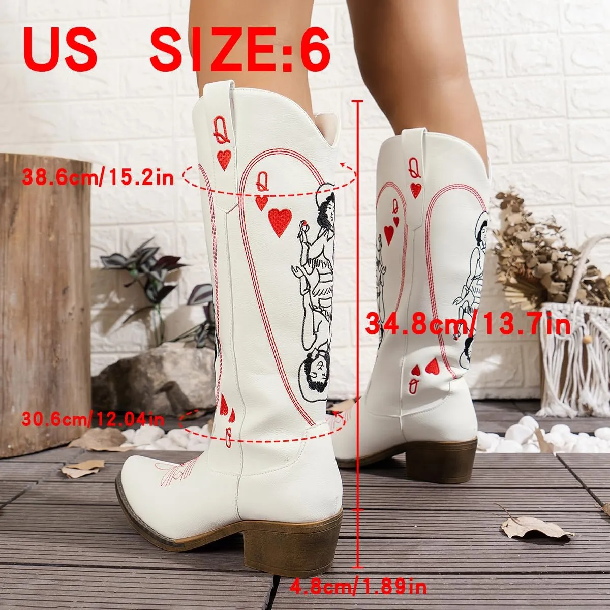 cowgirl boots Vintage Embroidered Riding Boots Western Cowboy Boots with Red Heart & Star Patterns Slip-On Embroidered Boot