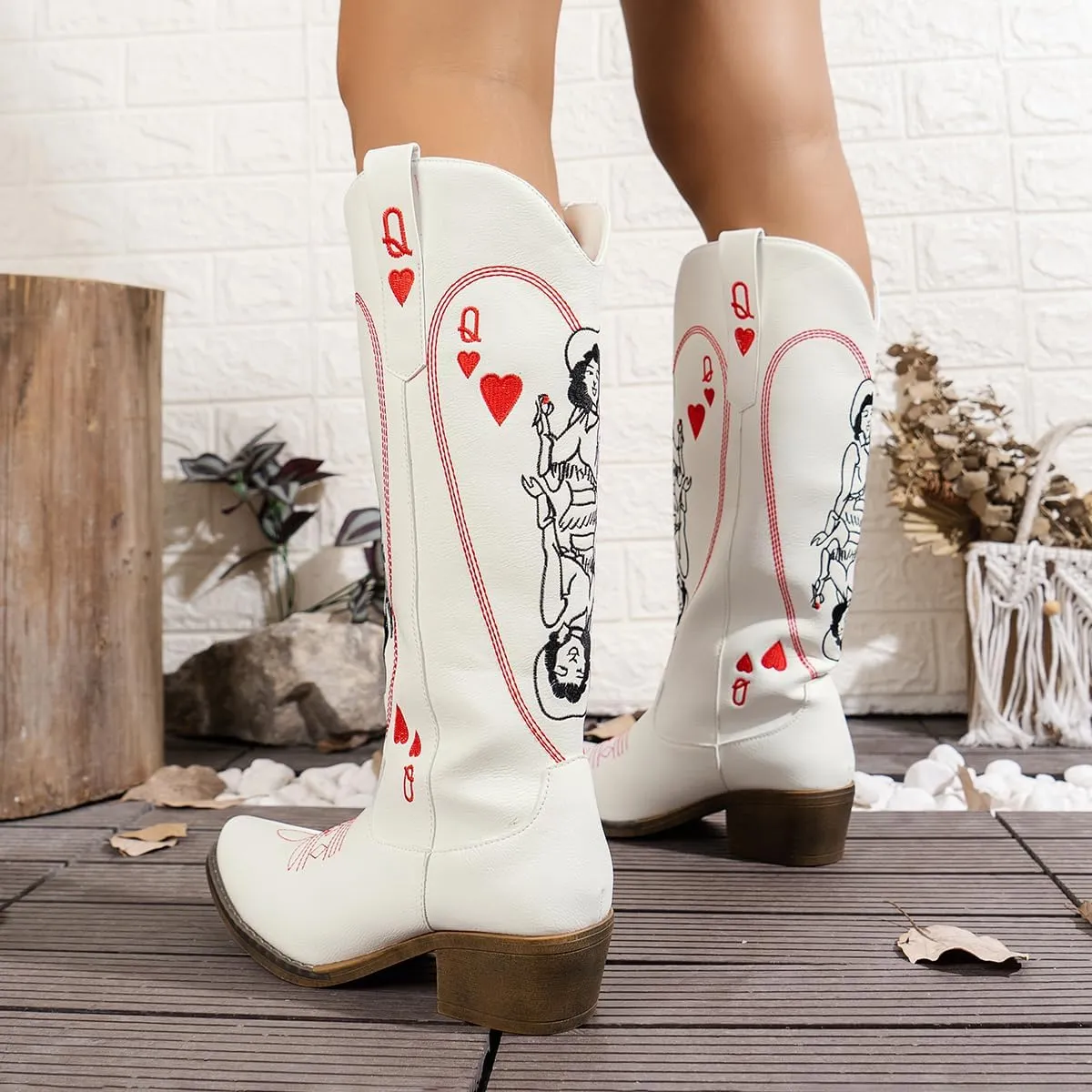 cowgirl boots Vintage Embroidered Riding Boots Western Cowboy Boots with Red Heart & Star Patterns Slip-On Embroidered Boot