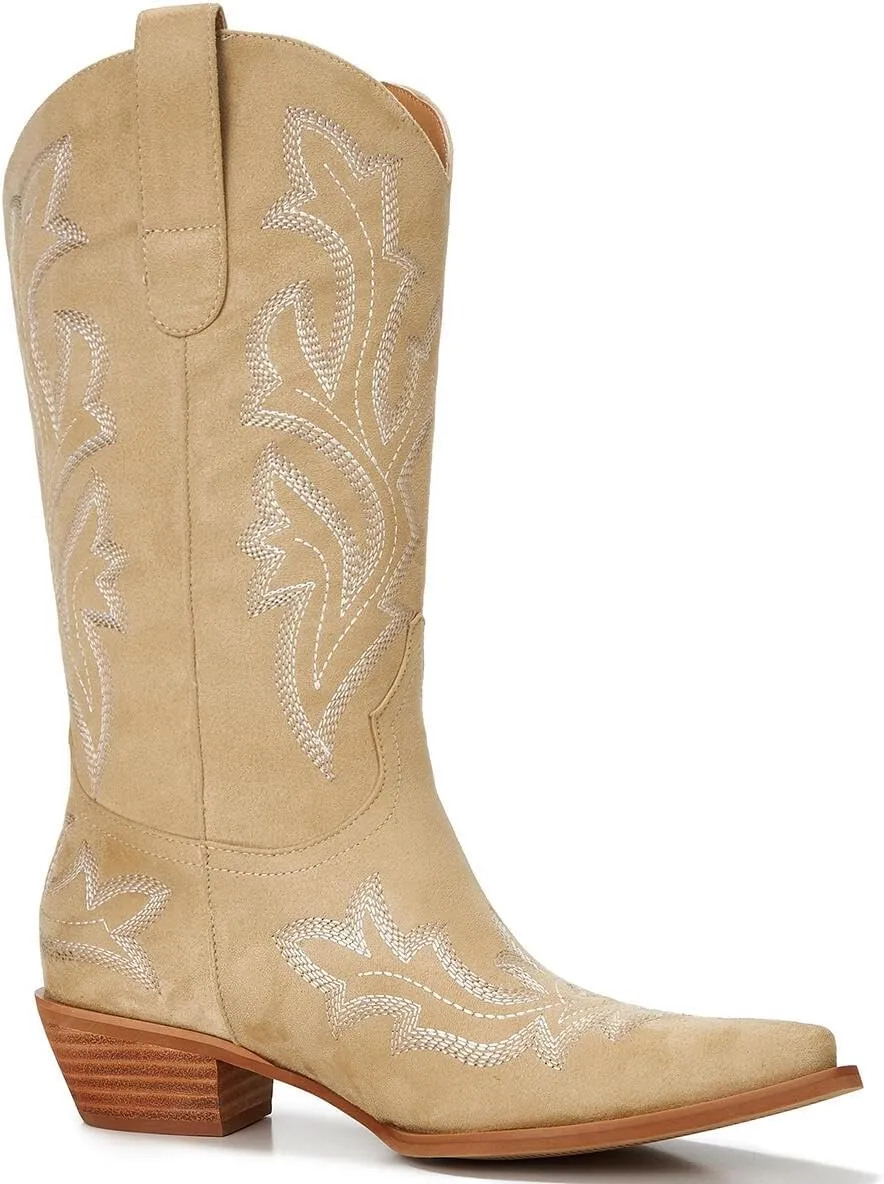 Cowgirl Boots Women – Western Mid-Calf Cowboy Boots with Pointy Toe & 2-Inch Chunky Heel, Embroidered Fashion Boots