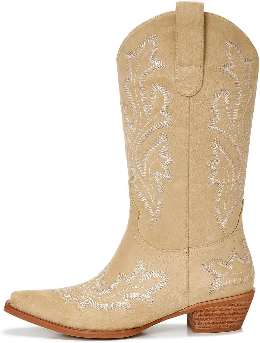 Cowgirl Boots Women – Western Mid-Calf Cowboy Boots with Pointy Toe & 2-Inch Chunky Heel, Embroidered Fashion Boots