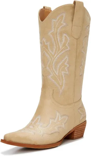 Cowgirl Boots Women – Western Mid-Calf Cowboy Boots with Pointy Toe & 2-Inch Chunky Heel, Embroidered Fashion Boots