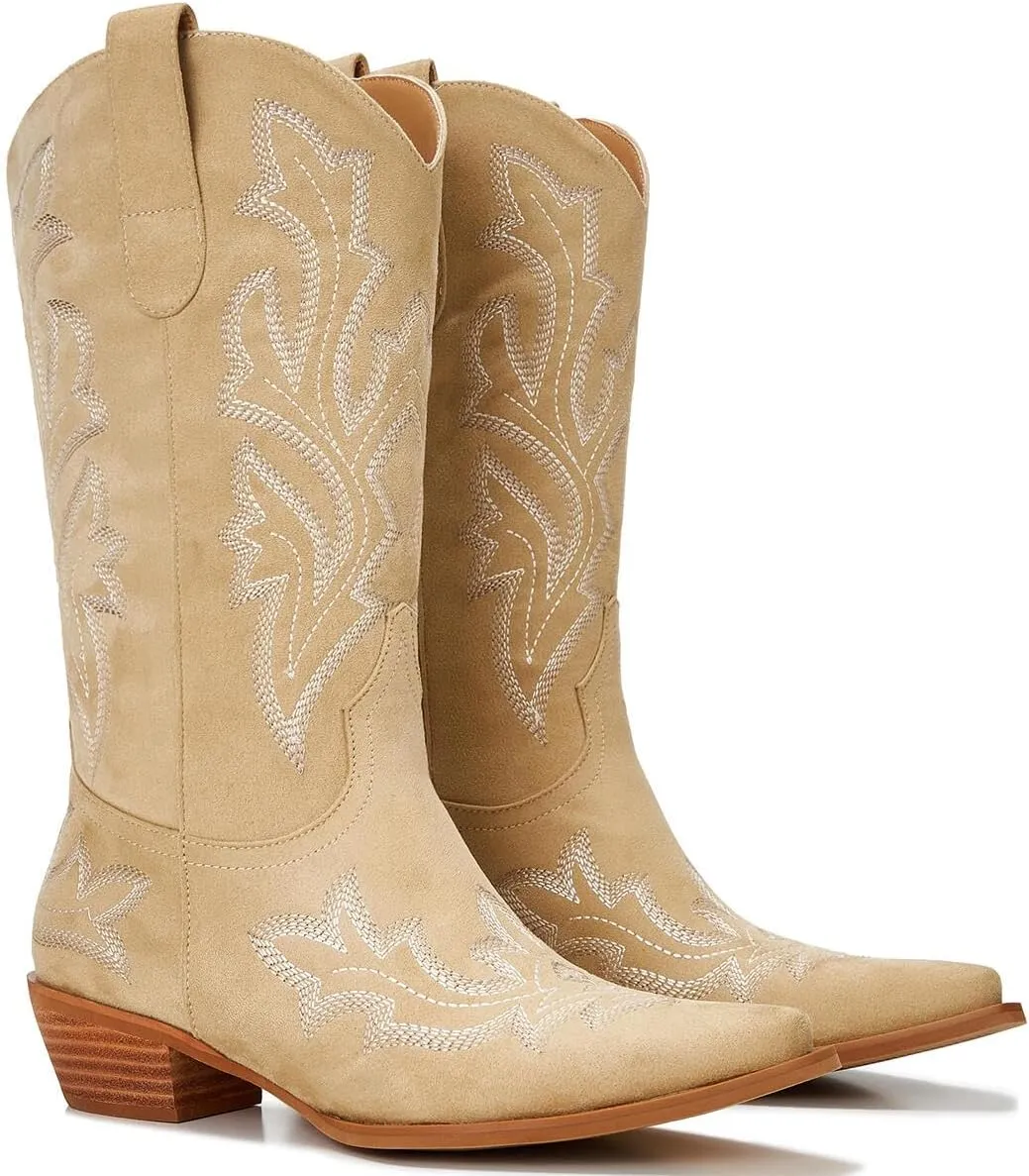 Cowgirl Boots Women – Western Mid-Calf Cowboy Boots with Pointy Toe & 2-Inch Chunky Heel, Embroidered Fashion Boots