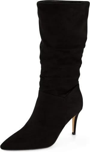 CUSHIONAIRE Women's Hip Slouchy Vegan Suede Mid-Calf Scrunch Boot with Pointed Toe, Memory Foam & 3-Inch Heel | Wide Widths Available