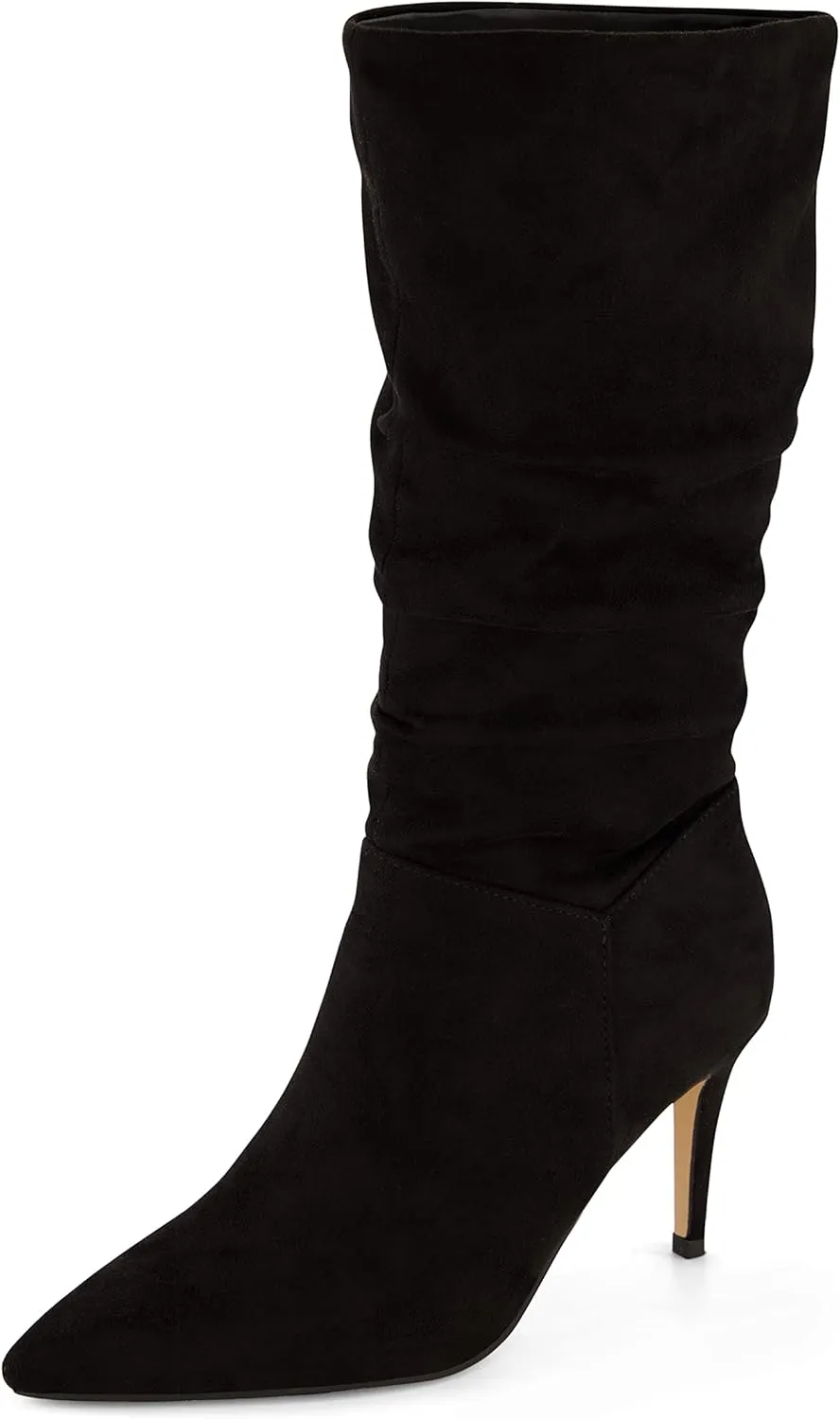 CUSHIONAIRE Women's Hip Slouchy Vegan Suede Mid-Calf Scrunch Boot with Pointed Toe, Memory Foam & 3-Inch Heel | Wide Widths Available