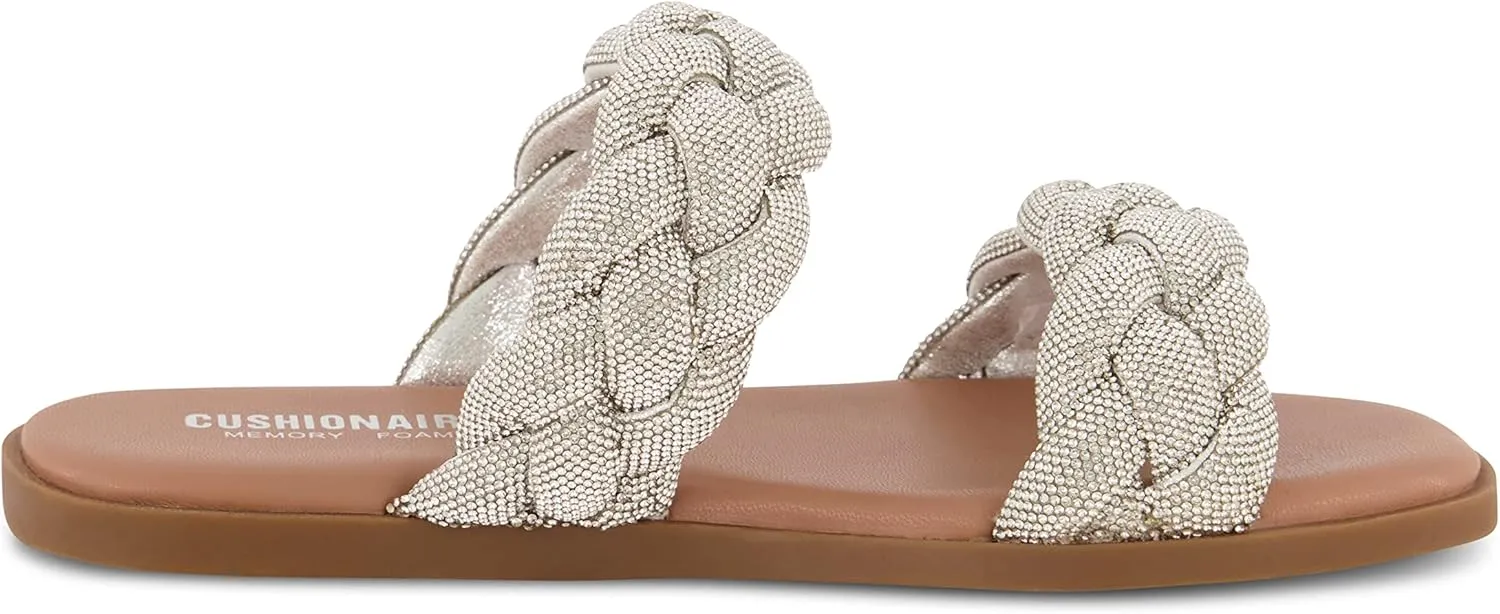 CUSHIONAIRE Women's Natasha rhinestone braided slide sandal  Memory Foam, Wide Widths Available