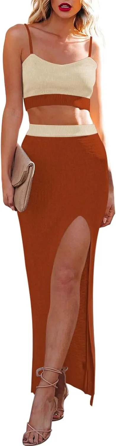 Cutiefox Women's Knit 2 Piece Dress Cami Crop Top High Side Slit Bodycon Long Skirt Set