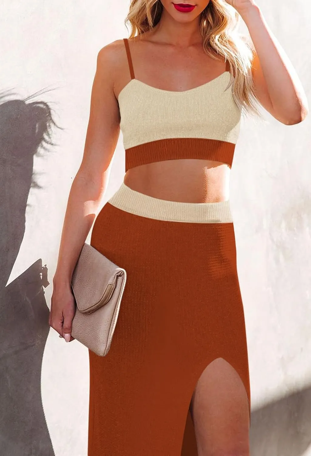 Cutiefox Women's Knit 2 Piece Dress Cami Crop Top High Side Slit Bodycon Long Skirt Set