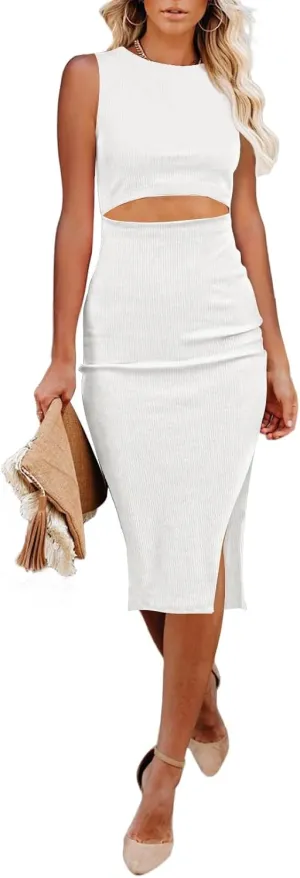 Cutiefox Women's Sleeveless Cut Out Side Slit Ribbed Knit Bodycon Tank Midi Dress