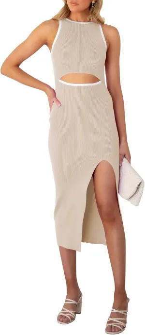 Cutiefox Women's Sleeveless Cut Out Side Slit Ribbed Knit Bodycon Tank Midi Dress