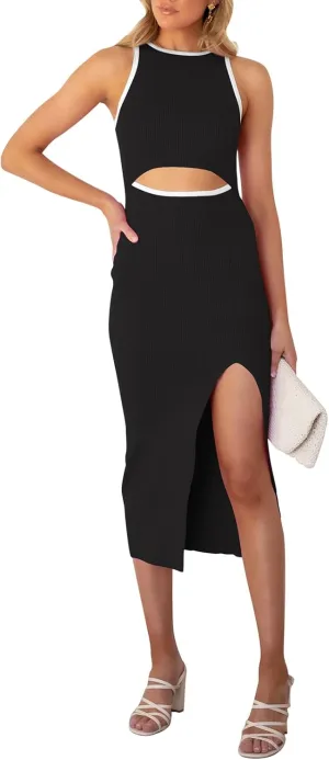 Cutiefox Women's Sleeveless Cut Out Side Slit Ribbed Knit Bodycon Tank Midi Dress