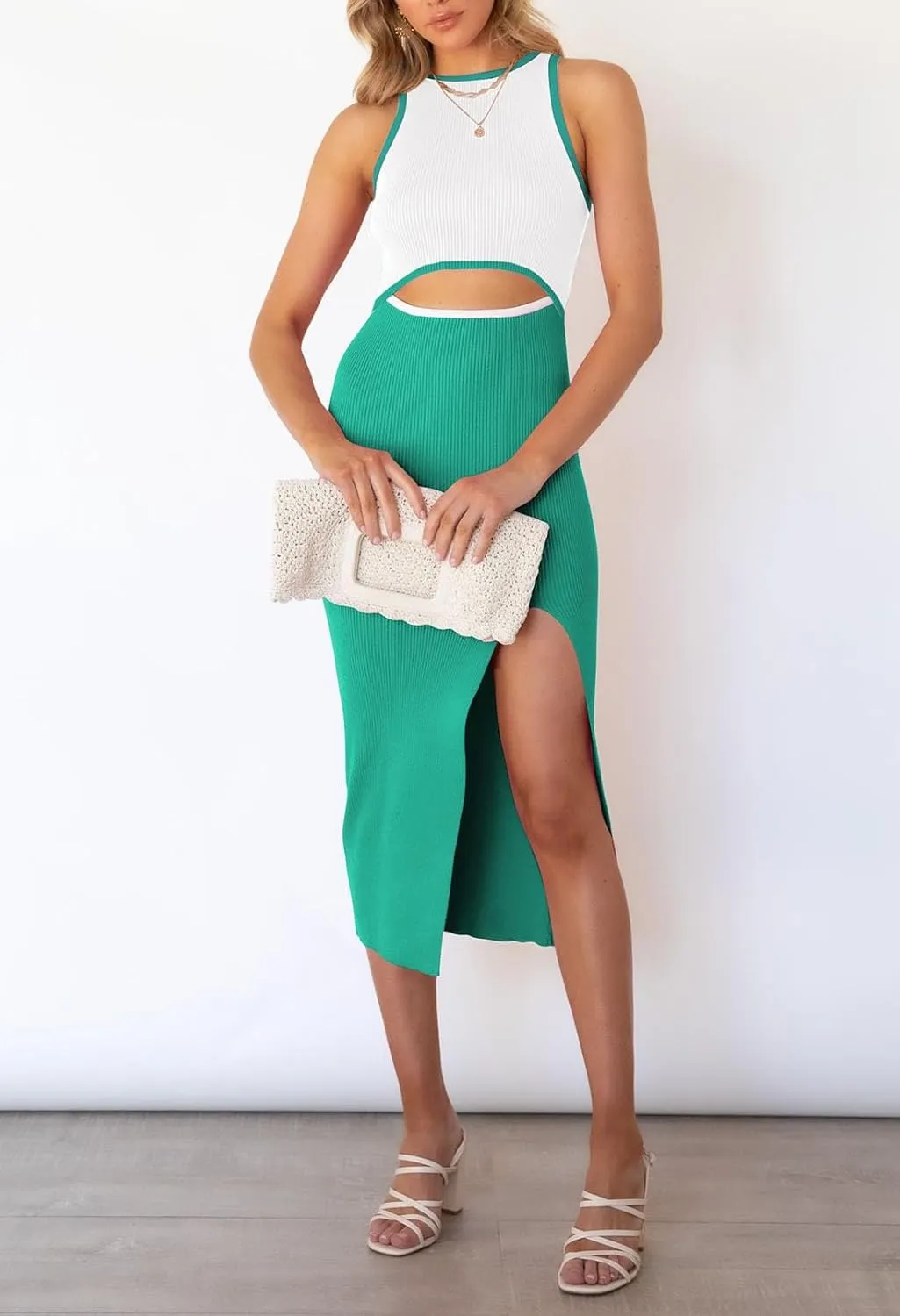 Cutiefox Women's Sleeveless Cut Out Side Slit Ribbed Knit Bodycon Tank Midi Dress