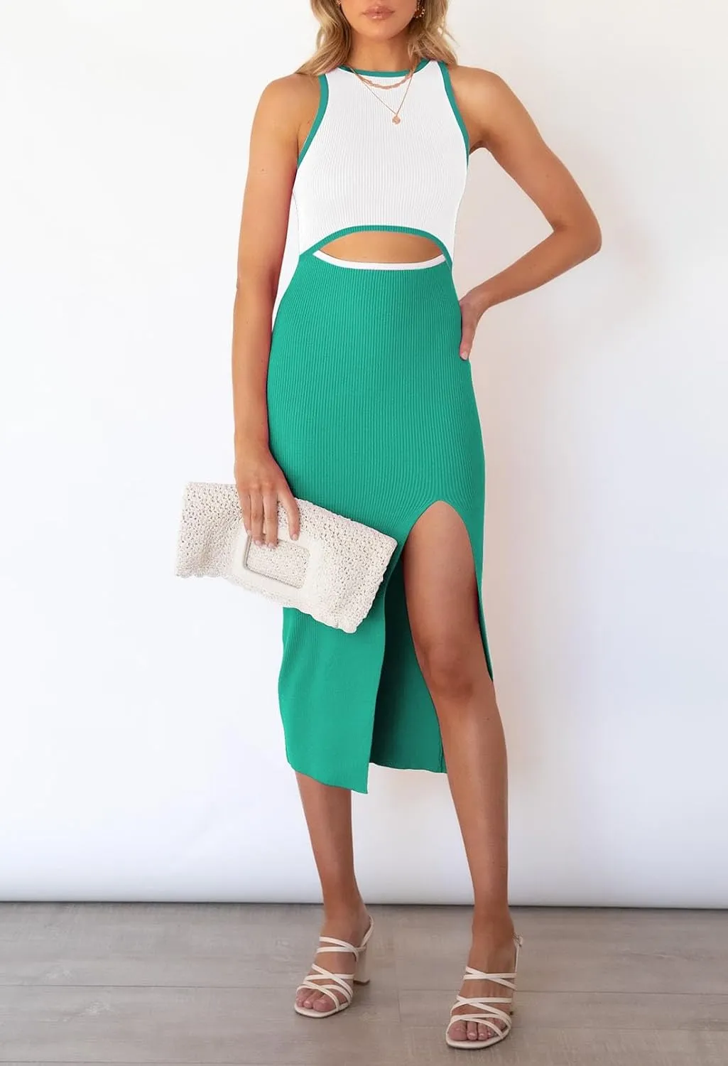 Cutiefox Women's Sleeveless Cut Out Side Slit Ribbed Knit Bodycon Tank Midi Dress
