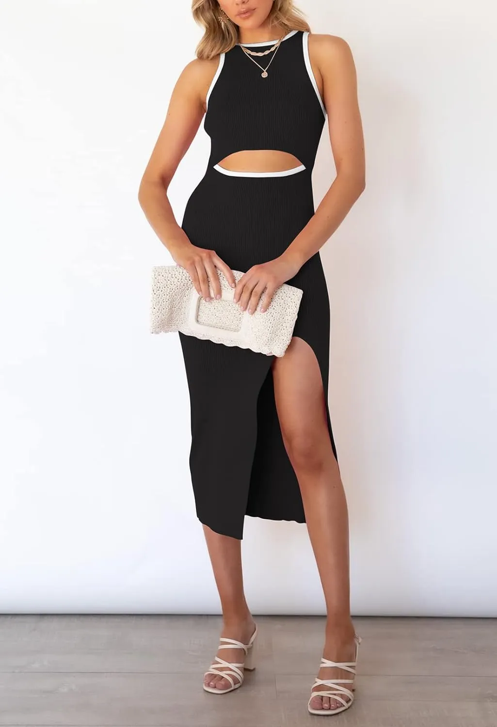 Cutiefox Women's Sleeveless Cut Out Side Slit Ribbed Knit Bodycon Tank Midi Dress
