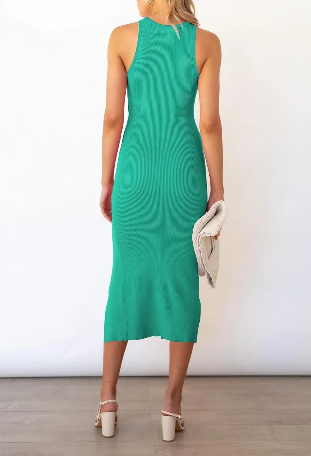 Cutiefox Women's Sleeveless Cut Out Side Slit Ribbed Knit Bodycon Tank Midi Dress